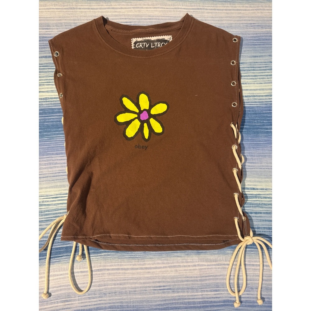 Upcycled Obey Lace Up Crop Tank Brown Neon Daisy Flower Grommet Womens Small